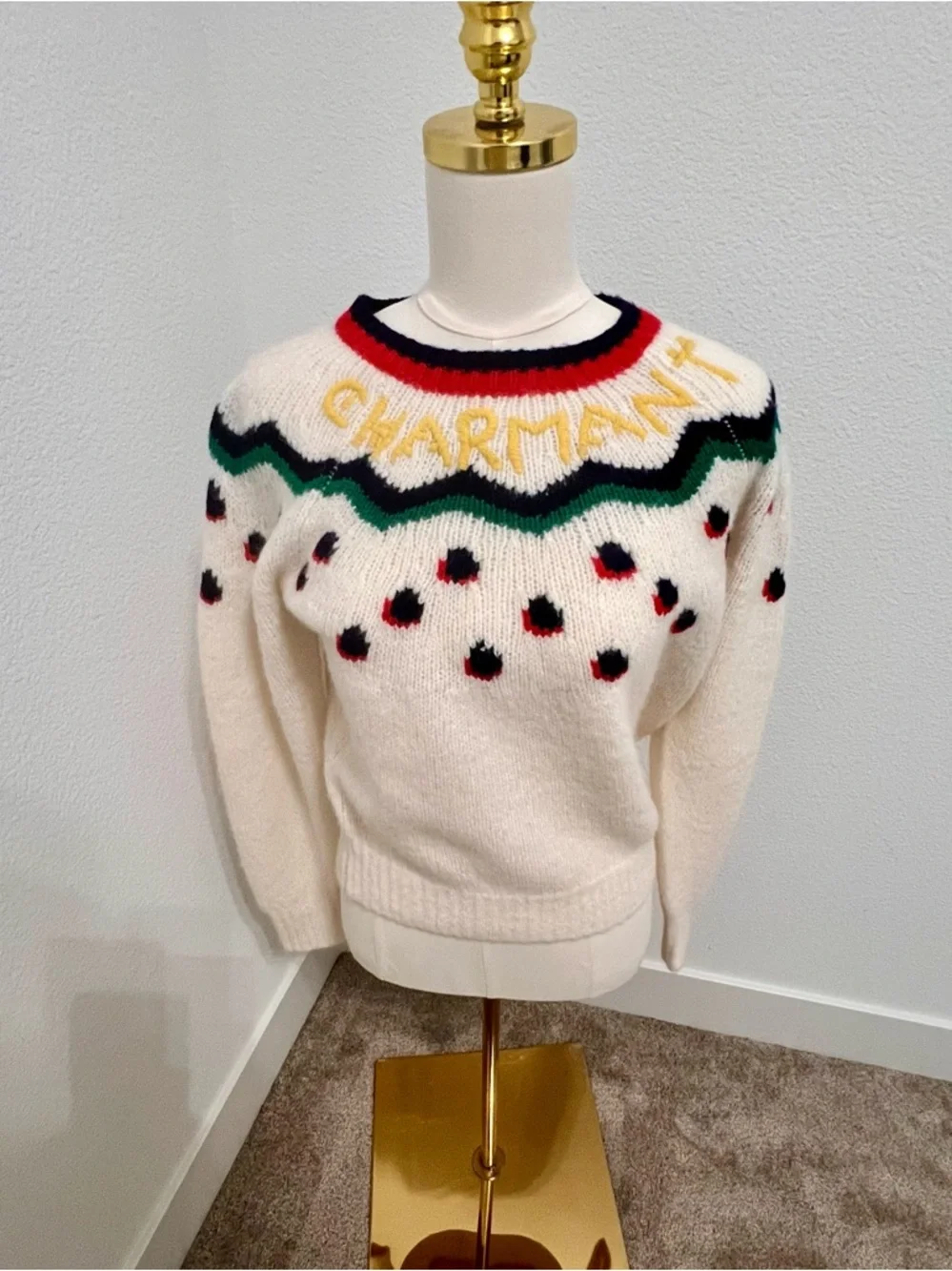 Clare V Charmant Alpaca Wool Fair Isle Sweater Cream Graphic Crewneck NWT M - Picture 2 of 9